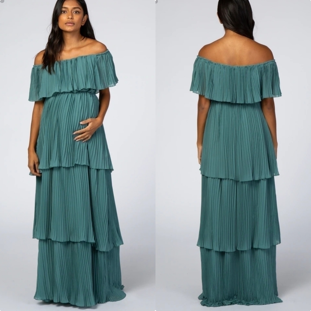 PINKBLUSH Jade Pleated Ruffle Tiered Maxi Dress Maternity Post Friendly.